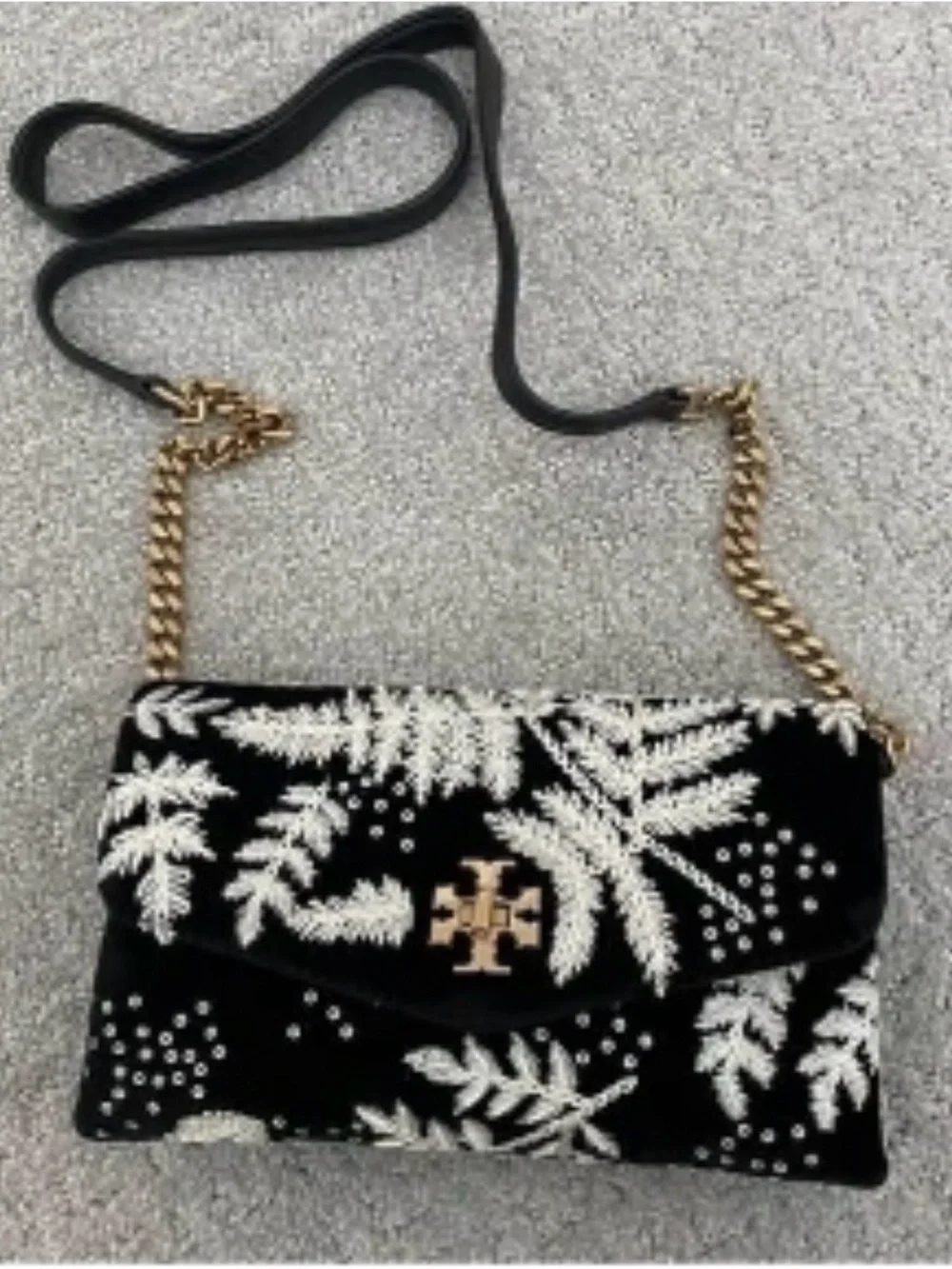 Tory Burch Black Velvet Crossbody with White Fern Embroidery & Gold Chain Strap